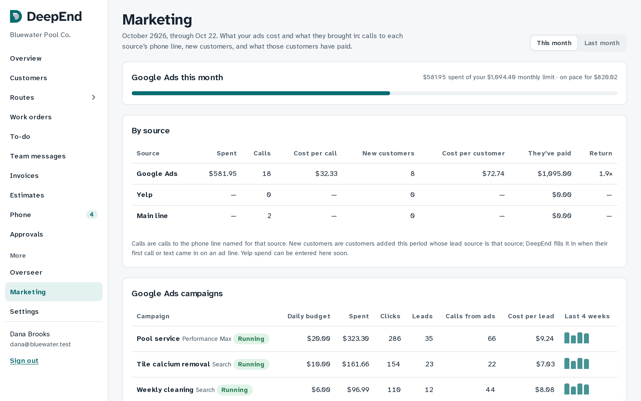 Marketing: Google Ads spend against the monthly limit, results by source, and each campaign's clicks and leads.