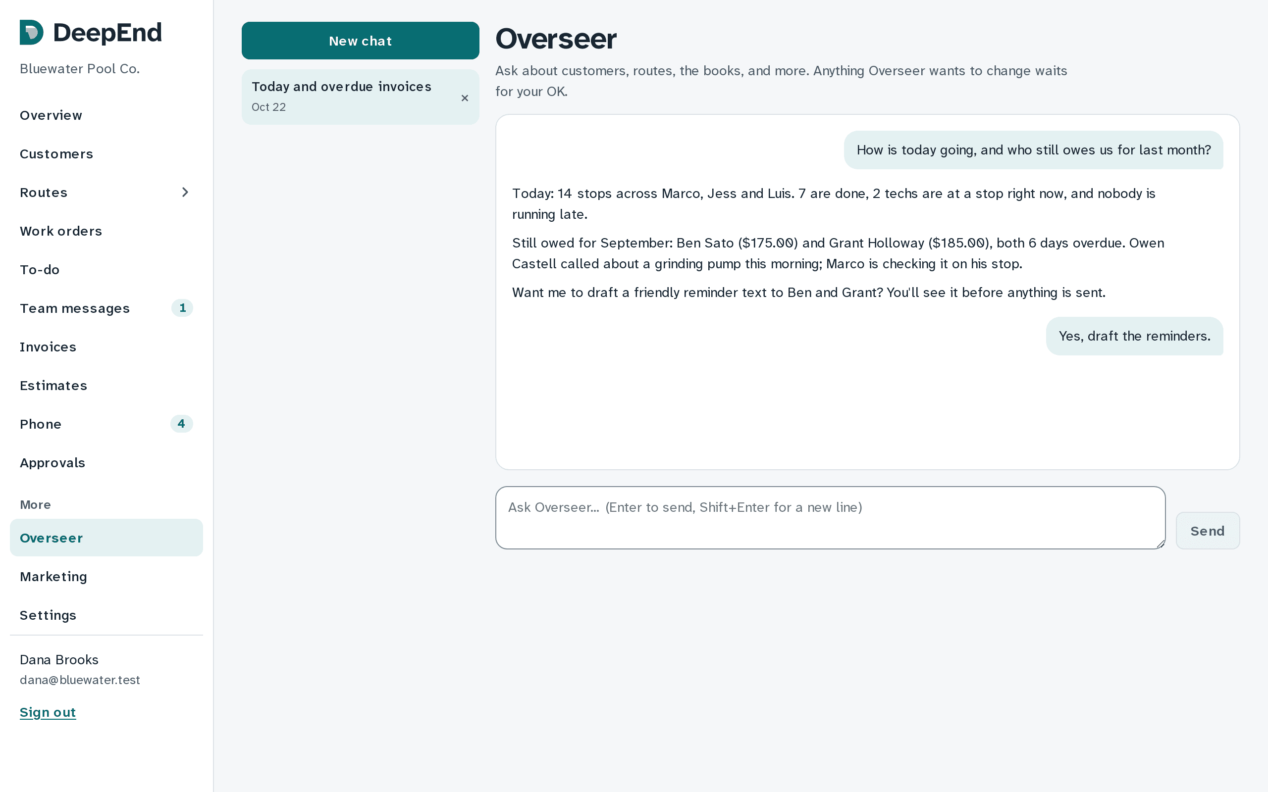 An Overseer chat: the owner asks how today is going and who still owes money, and Overseer answers with today's stops and the two overdue invoices, then offers to draft reminder texts.