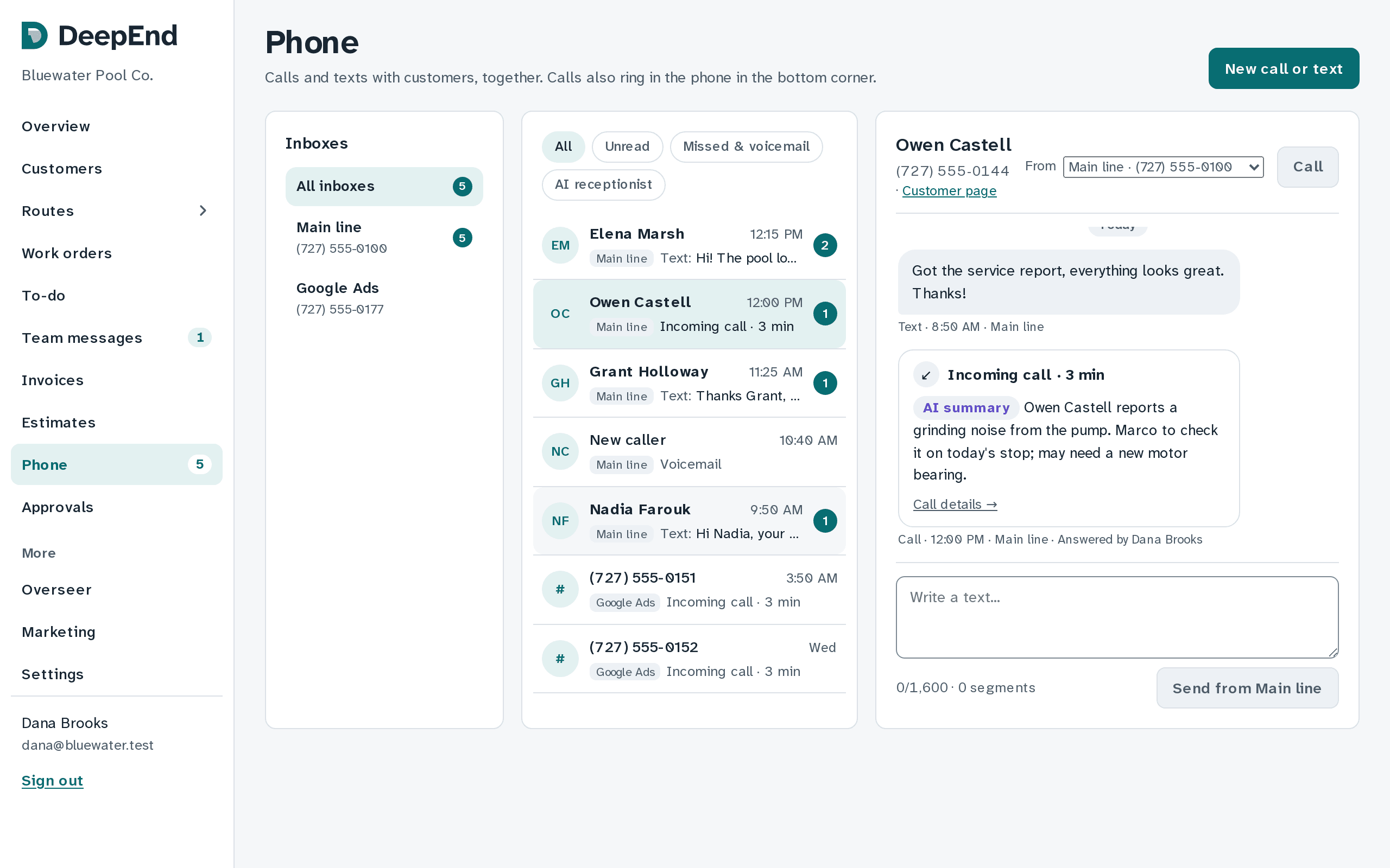The Phone inbox: texts and calls with each customer in one conversation, and a call with its written summary.